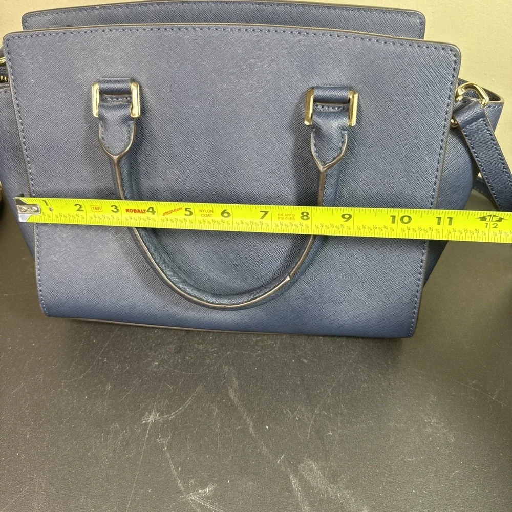 Michael Kors Jet Set Medium Saffiano Leather Satchel Navy Blue Gold Zip Tote